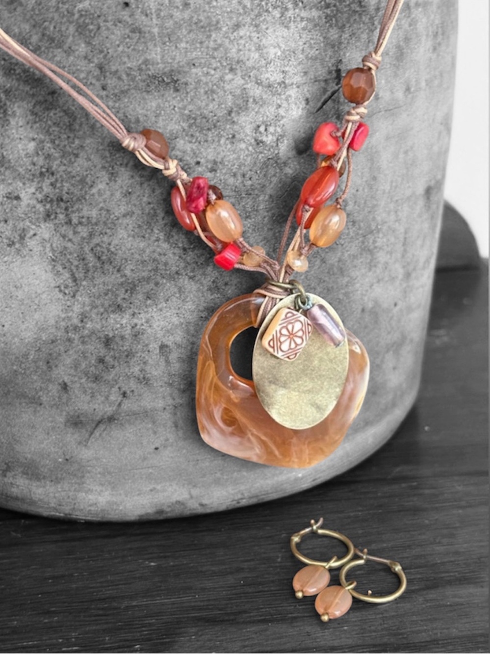 Vintage Avon Faux Amber Statement Choker Necklace Earrings Set Bronze Boho NIB
